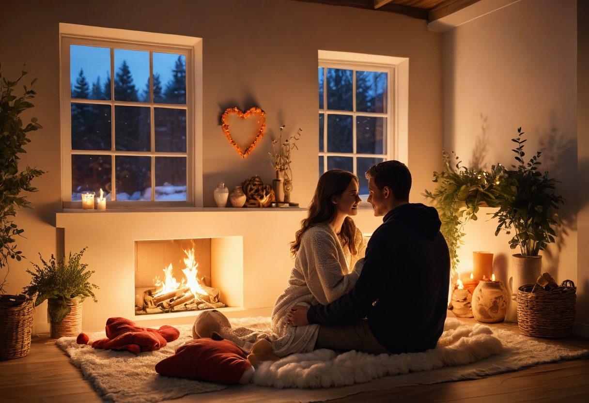 A warm, inviting scene of two people sitting by a cozy fireplace, sharing an intimate conversation while surrounded by heart-shaped decorations and soft, ambient lighting. Include elements like intertwined hands, glowing warmth emanating from the fire, and a backdrop of nature visible through a window. The atmosphere should evoke emotions of love and connection. super-realistic. warm colors. soft textures.