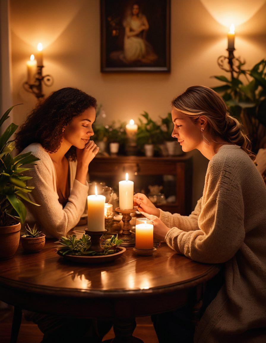 A warm, intimate scene showcasing a couple in a cozy living room, sharing a deep conversation over a candle-lit table filled with personal mementos. Surround them with soft, ambient lighting and lush indoor plants to create a soothing atmosphere. Include elements like intertwined hands and soft textures, emphasizing connection and affection. magical realism. warm tones. soft focus.