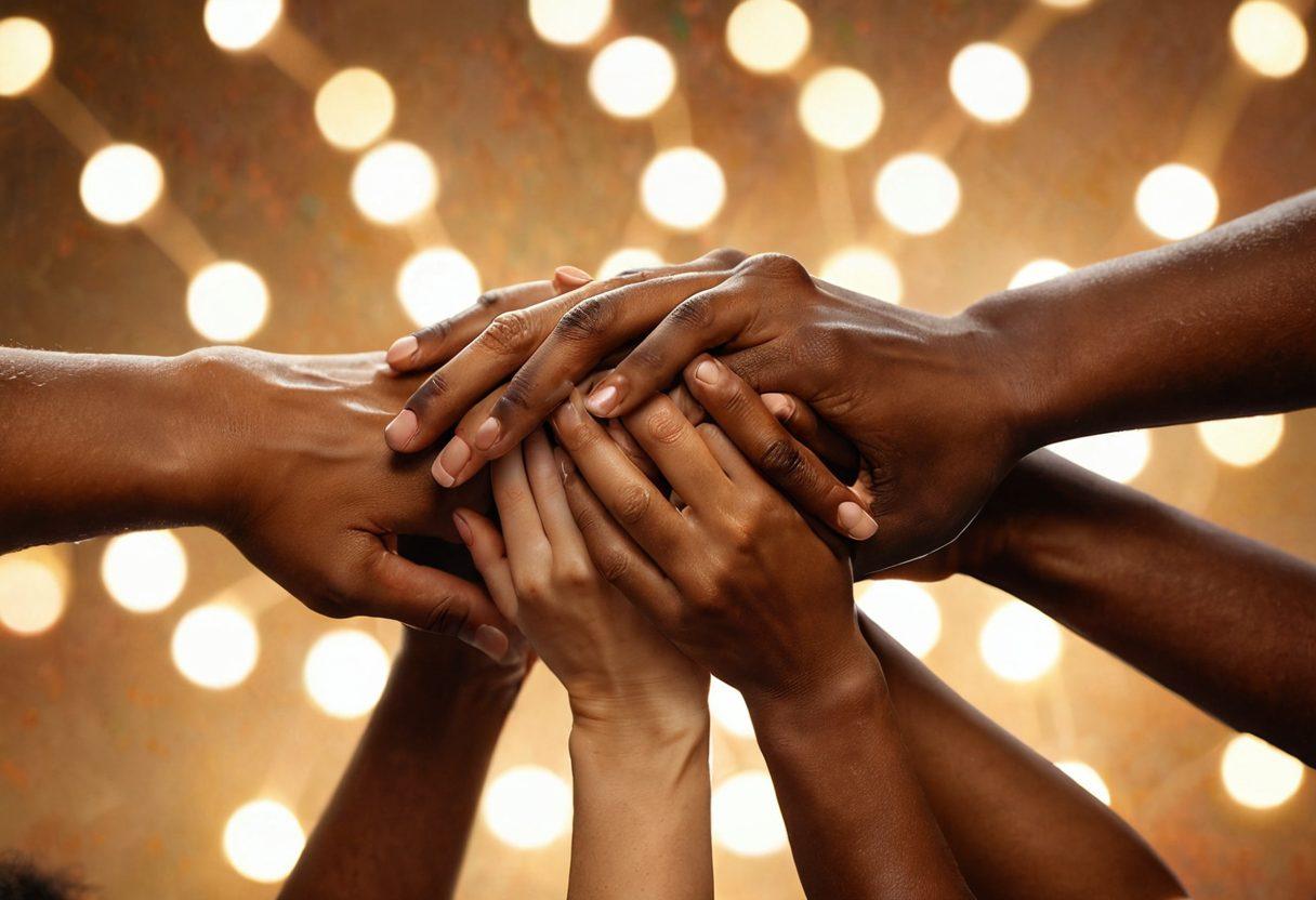 A close-up of diverse hands interlocking, symbolizing unity and support, surrounded by soft glowing lights that represent emotional connections. In the background, subtle silhouettes of people sharing laughter and heartfelt conversations. The color palette should be warm and inviting, emphasizing the theme of devotion and friendship. super-realistic. warm tones. soft focus.